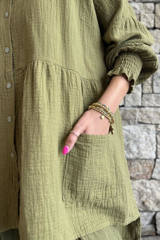 Annie Cushion Cotton Peter Pan Smock Blouse Deep Olive